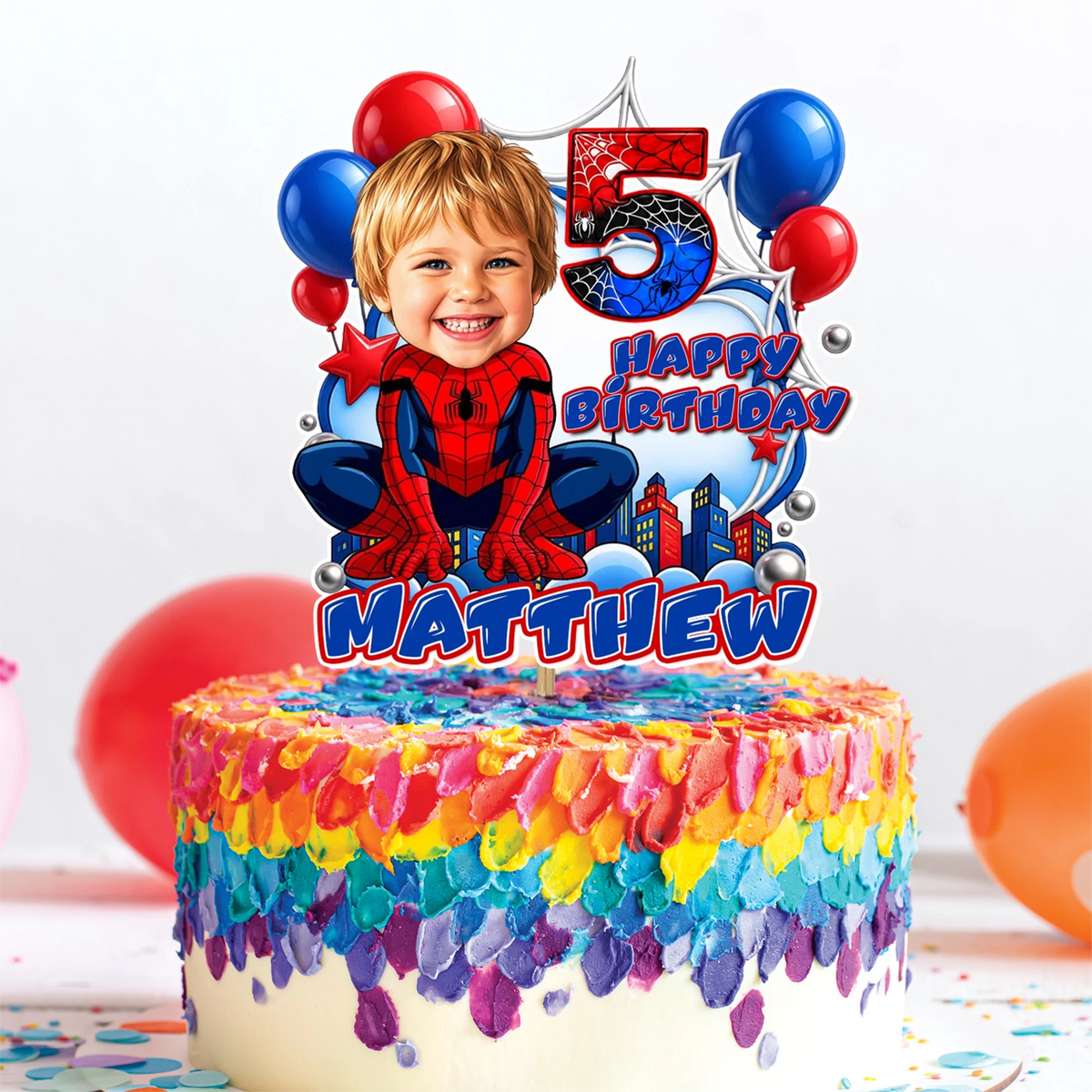Custom Spider-Man themed birthday cake topper featuring a personalized child's face drawn as a cartoon caricature with a custom name and age.