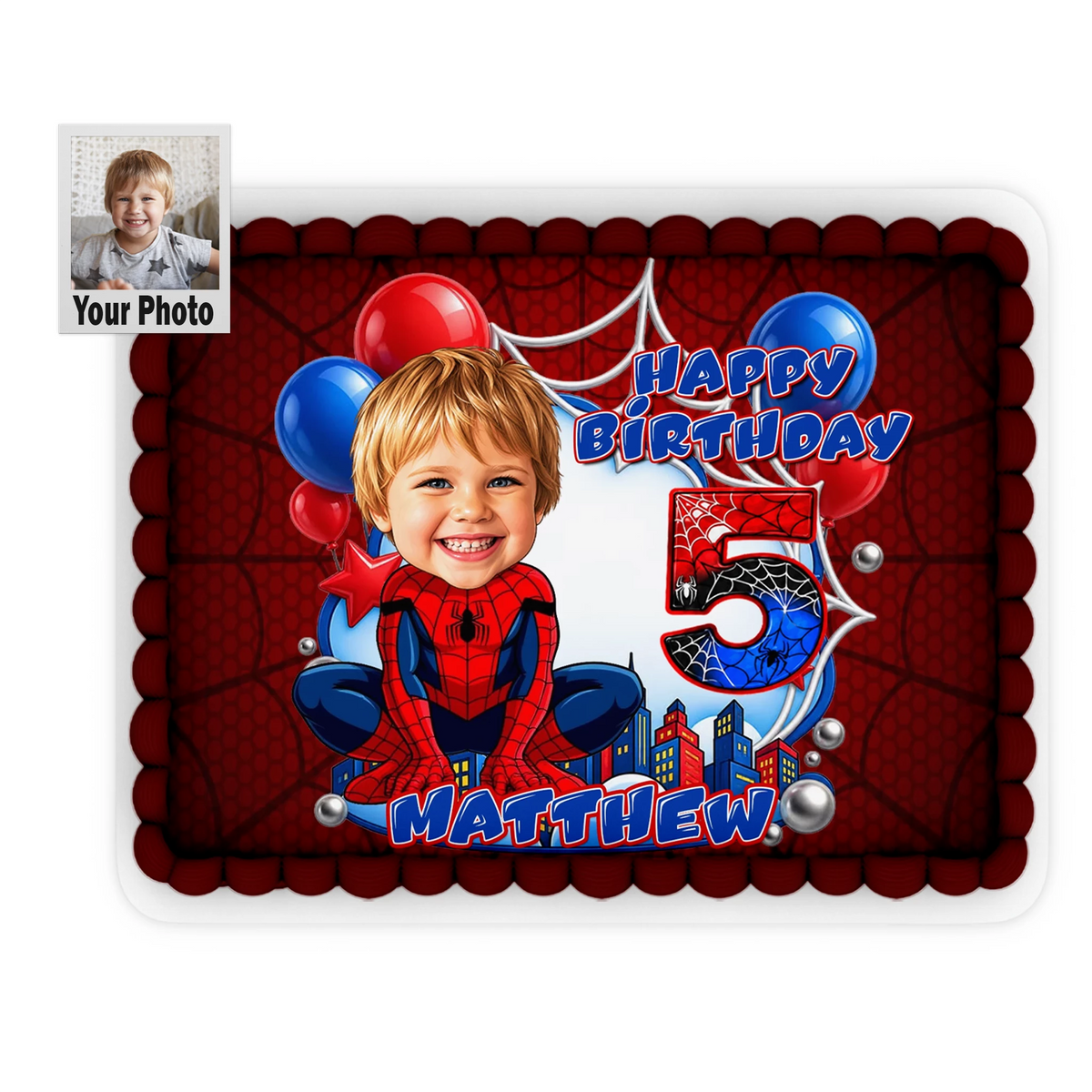 Printed edible icing cake topper sheet with a Spider-Man theme, featuring a customized kid's face drawn in a cartoon caricature style with custom name and age.