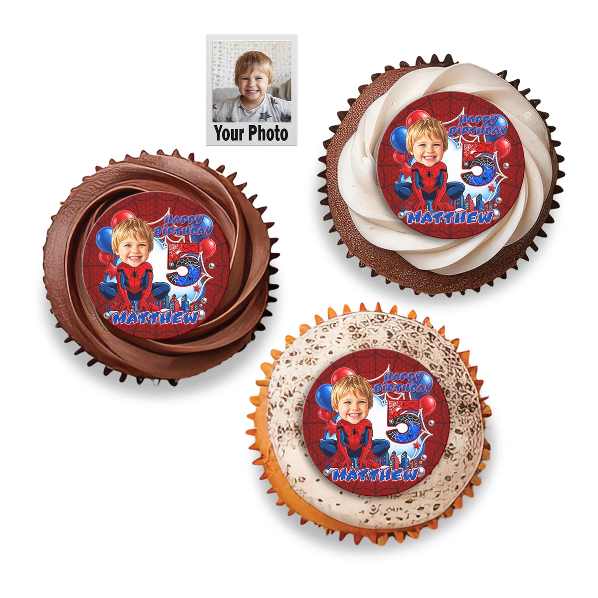 Printed edible icing cake topper sheet with a Spider-Man theme, featuring a customized kid's face drawn in a cartoon caricature style with custom name and age.