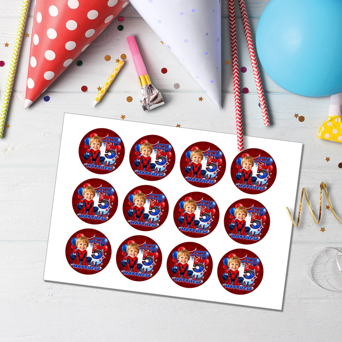 Custom Spider-Man Caricature Edible Icing Image | Personalised Face Caricature & Name and Age