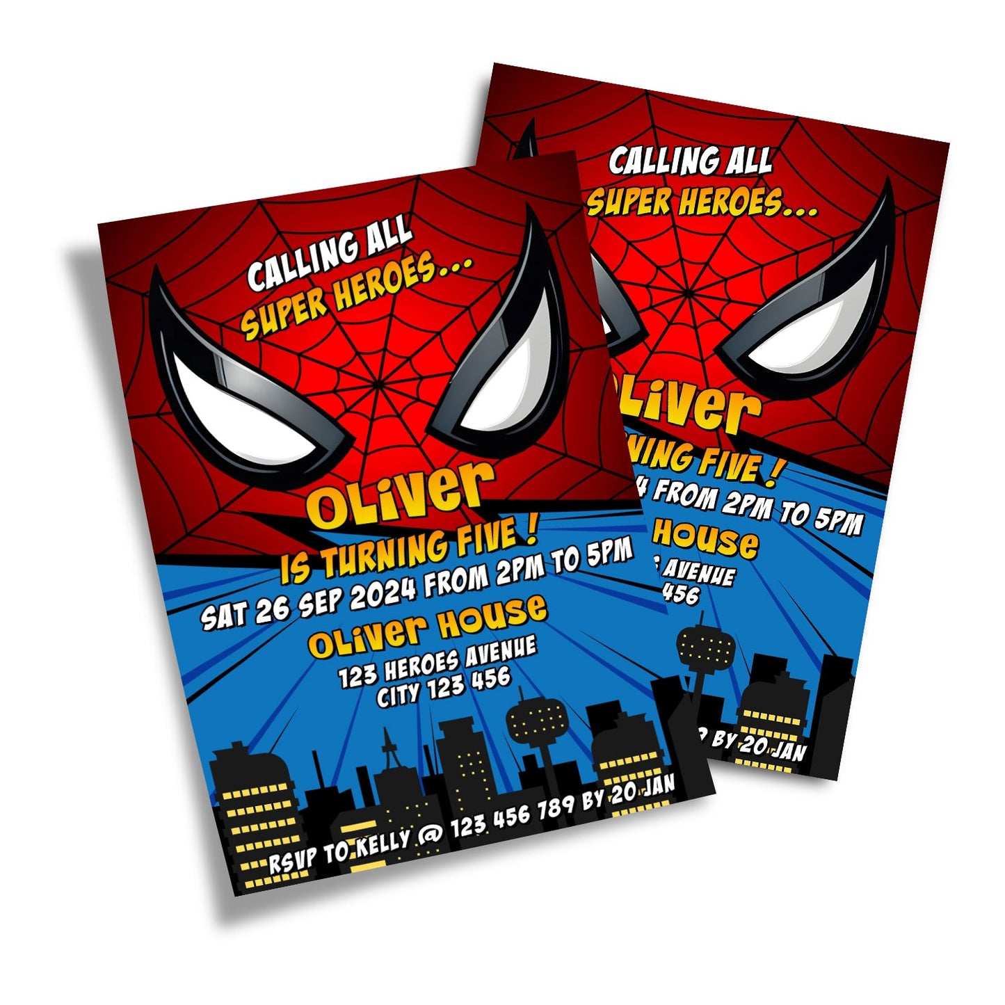 Spiderman Personalized Birthday Card Invitations with custom text and party details