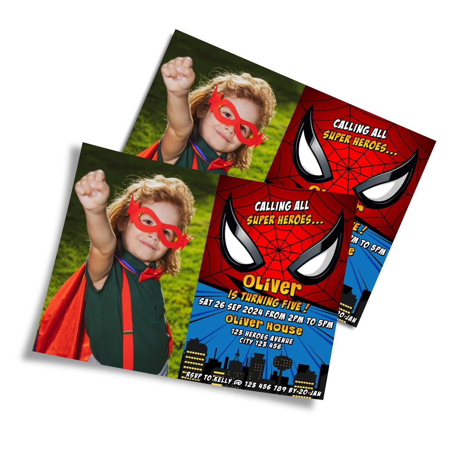 Spiderman Personalized Photo Card Invitations featuring custom image and event details