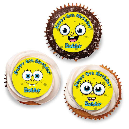 Spongebob themed personalized cupcakes toppers