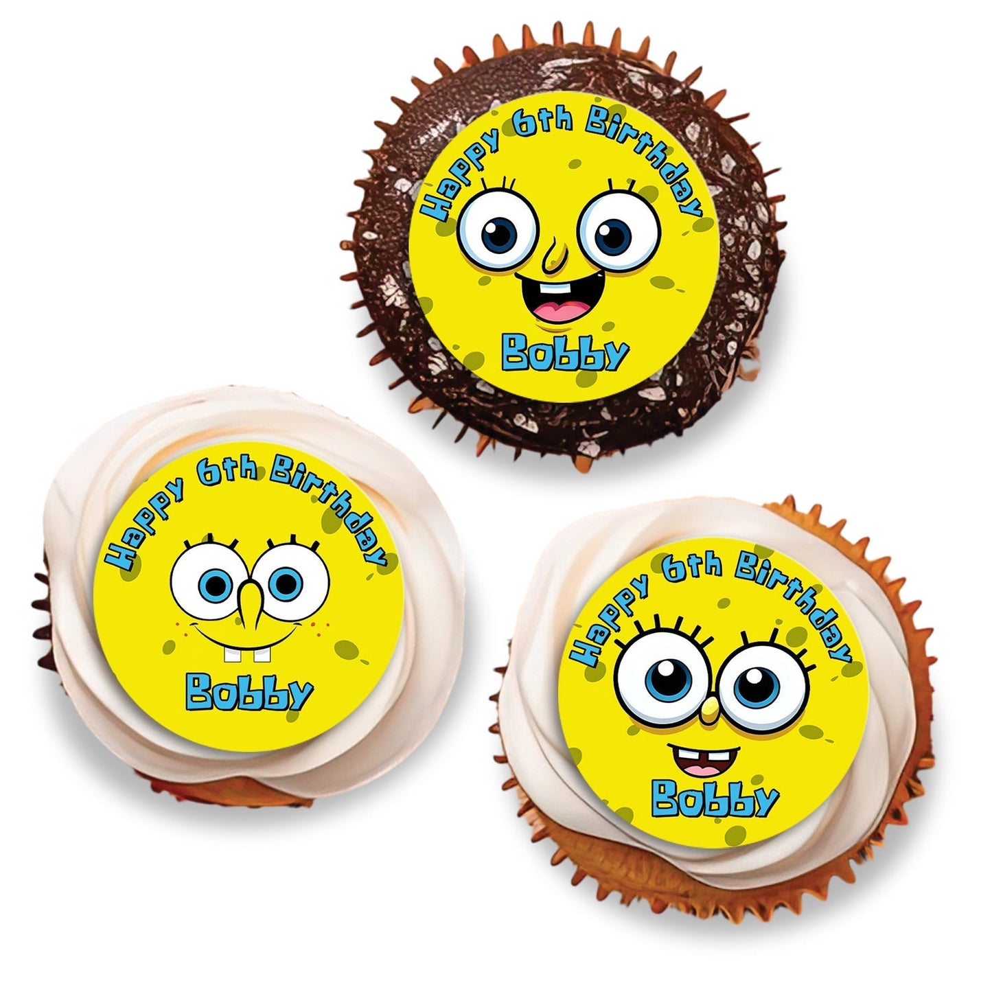 Spongebob themed personalized cupcakes toppers