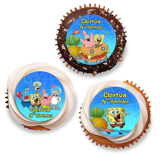 Spongebob themed personalized cupcakes toppers