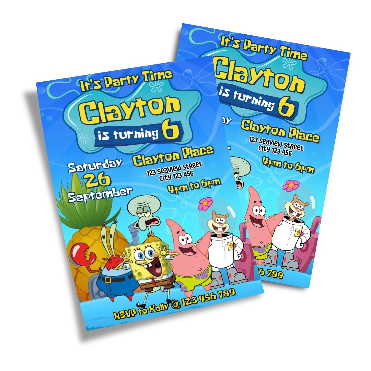 Spongebob themed personalized birthday card invitations