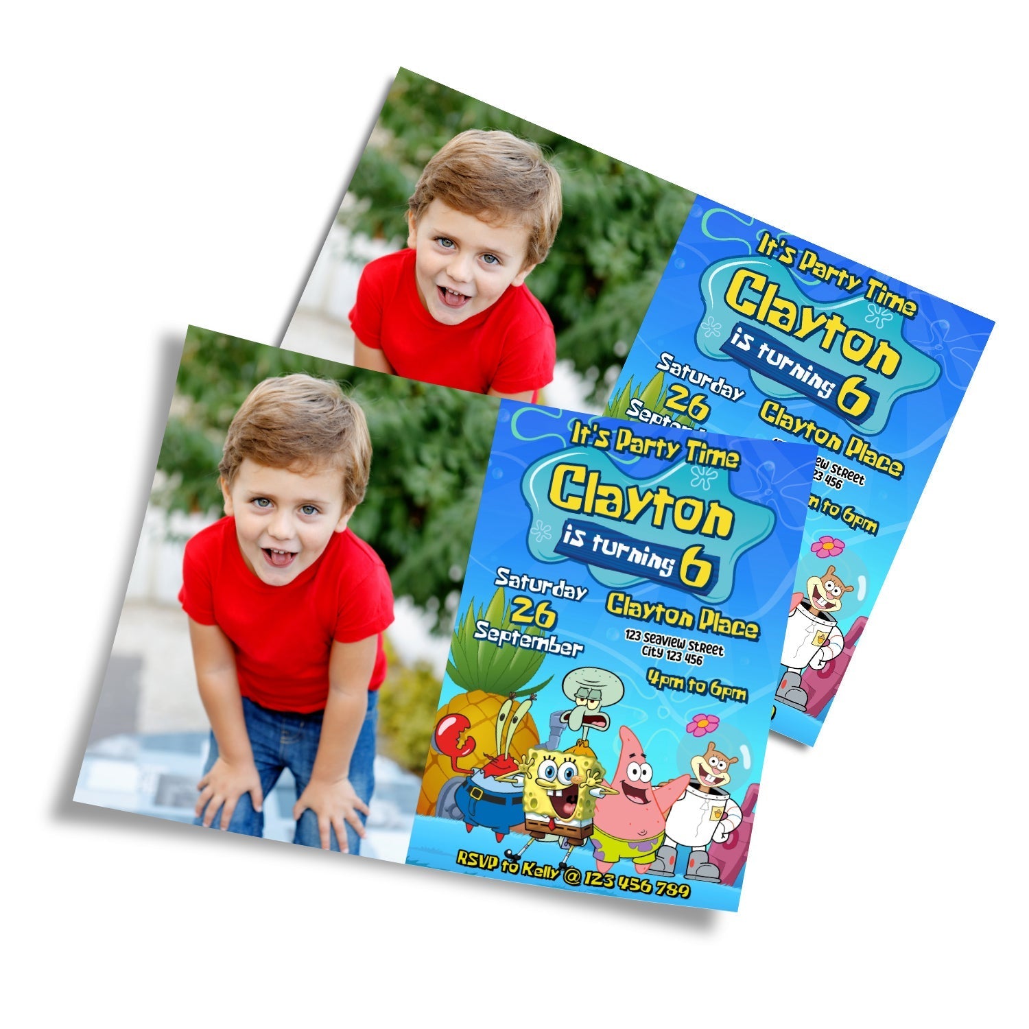 Spongebob themed personalized photo card invitations