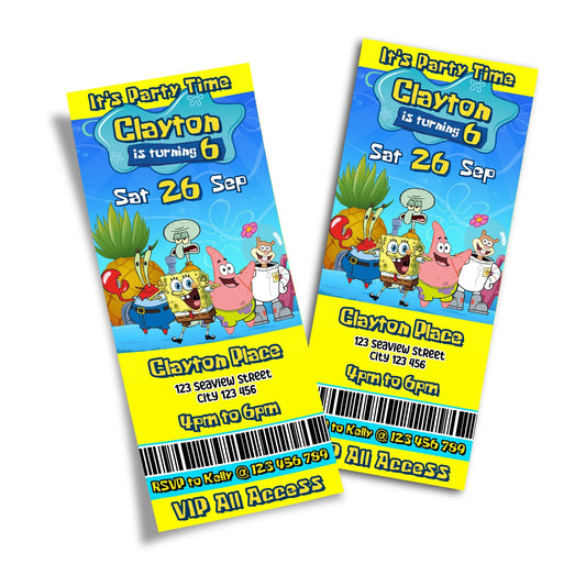 Spongebob themed personalized birthday ticket invitations
