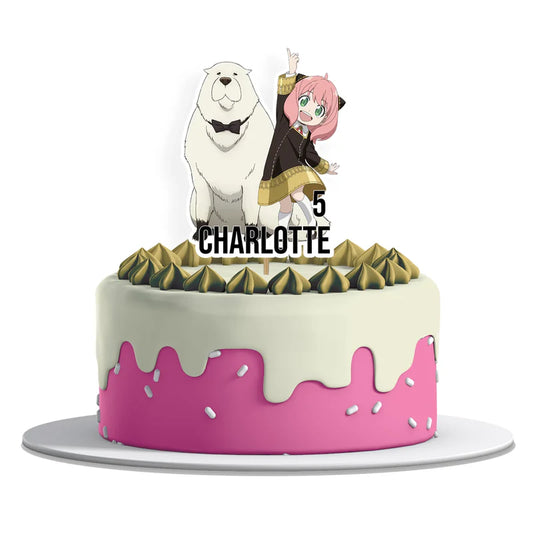 Spy X Family personalized cake toppers with custom name and age displayed as a vibrant 3D paper craft mockup