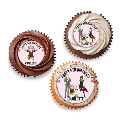 Spy X Family personalized cupcake toppers shown as small round anime decorations on wooden sticks flat lay