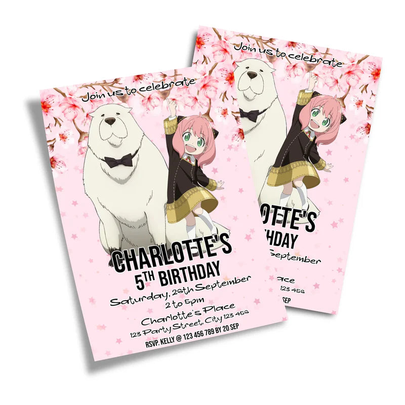 Spy X Family personalized birthday card invitations with pink and black anime illustrations and custom text