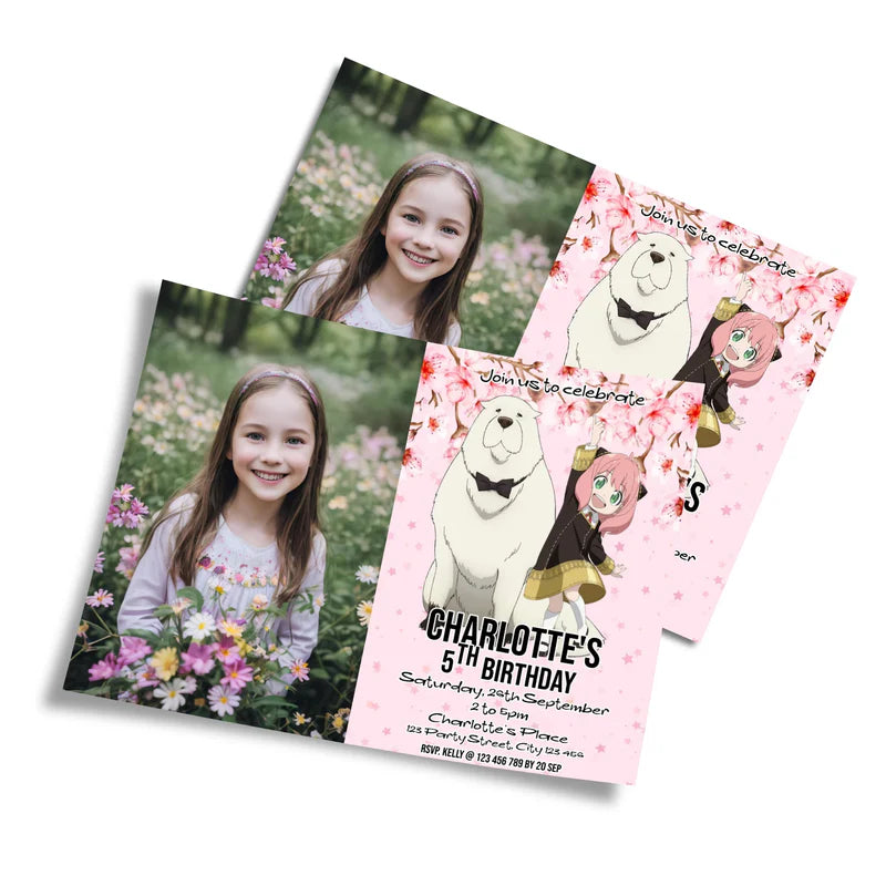 Spy X Family personalized photo card invitations featuring a custom portrait and spy theme border on white