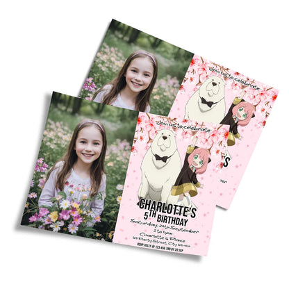 Spy X Family personalized photo card invitations featuring a custom portrait and spy theme border on white