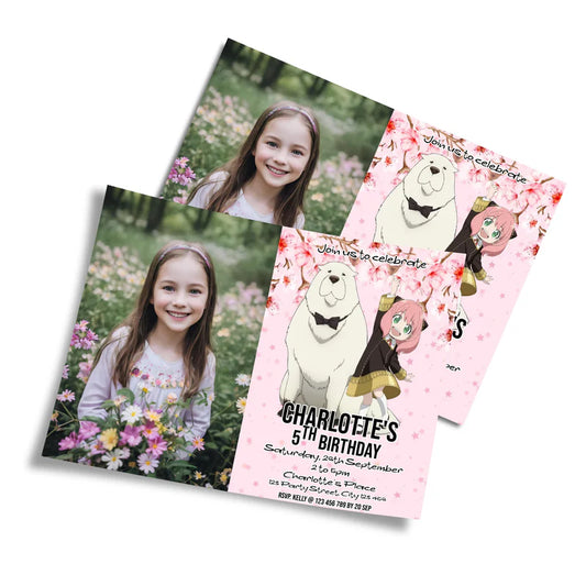 Spy X Family personalized photo card invitations featuring a custom portrait and spy theme border on white