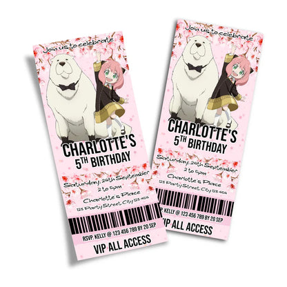 Spy X Family personalized birthday ticket invitations styled as colorful event passes with custom anime details