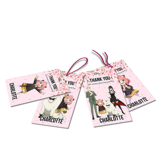 Spy X Family thank you tags with personalized name and cute anime illustration for birthday party favor gifts