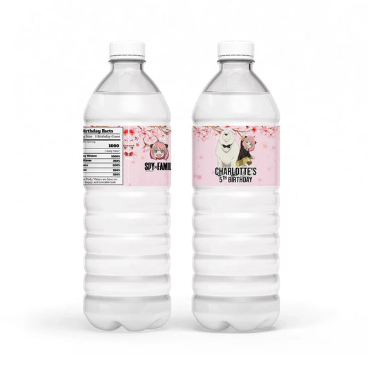Spy X Family water bottle label with personalized name and waterproof anime pattern on a colorful background