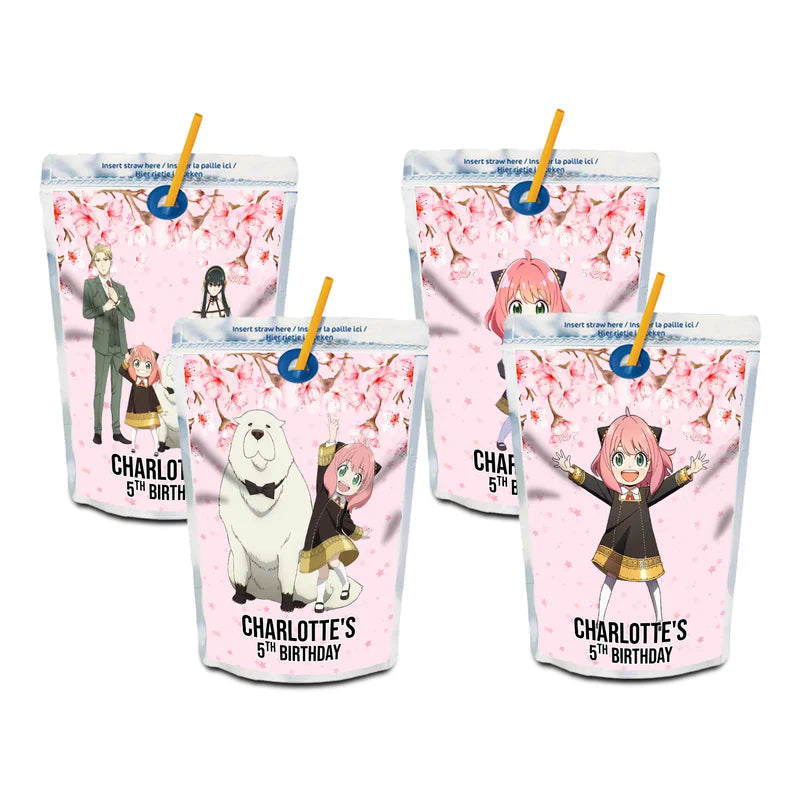 Spy X Family juice pouch label showing a custom rectangular sticker with spy theme graphics for party drinks