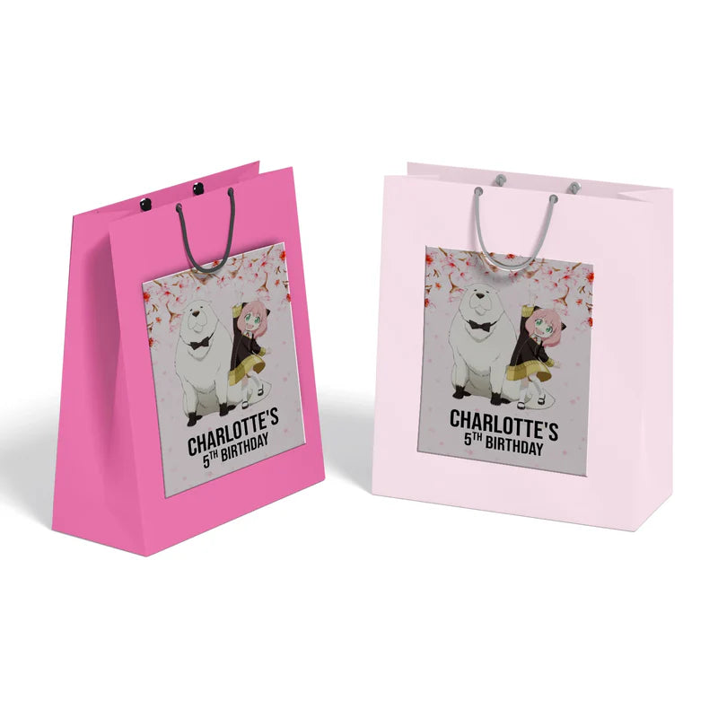 Spy X Family goodie bag label with custom text and vibrant anime graphics on a white favor bag sticker