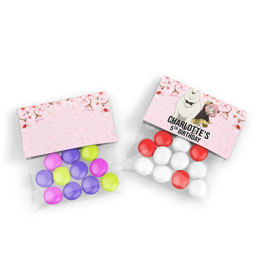 Spy X Family treat bag topper label showing a folded personalized paper header with cute anime illustrations