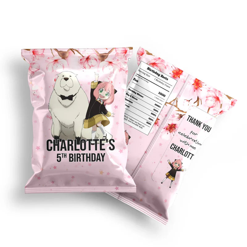 Spy X Family chips bag label with personalized name and vibrant spy theme for custom party snack packaging