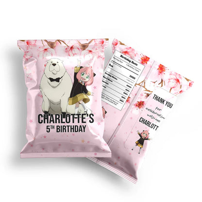 Spy X Family chips bag label with personalized name and vibrant spy theme for custom party snack packaging