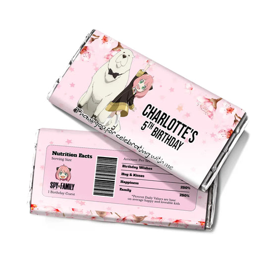 Spy X Family chocolate label featuring a personalized candy bar wrapper with anime graphics and custom text