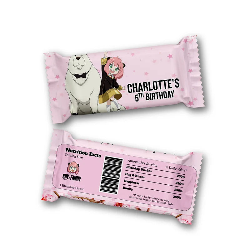 Spy X Family rice krispies and candy bar label with custom name and spy theme patterns for sweet treat wraps