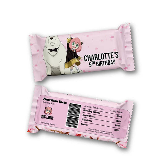 Spy X Family rice krispies and candy bar label with custom name and spy theme patterns for sweet treat wraps