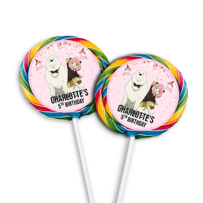 Spy X Family lollipop label showing a round personalized sticker with cute anime portraits for candy favors