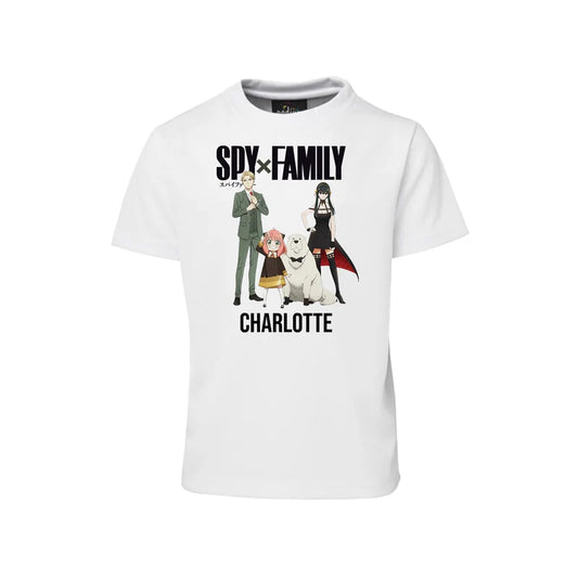 Spy X Family sublimation t-shirt featuring a personalized anime portrait on a white cotton graphic tee mockup