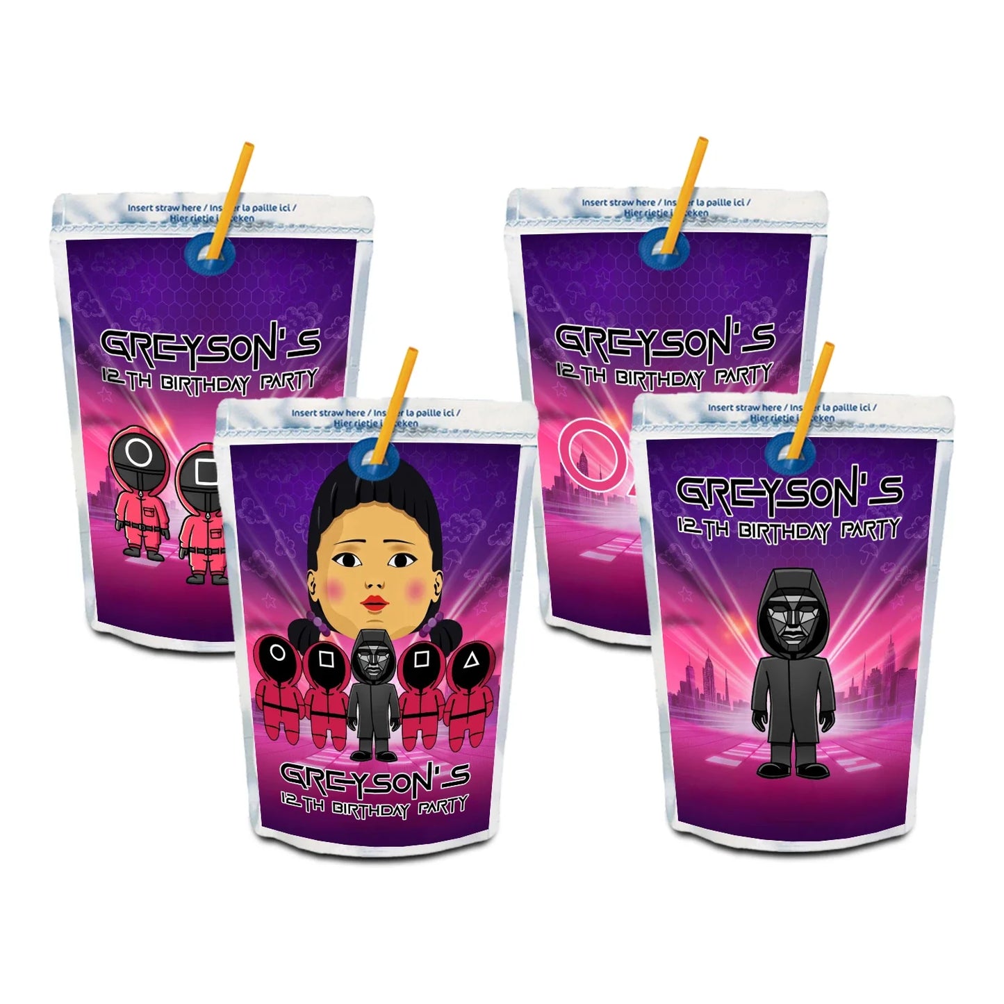 Squid Game juice pouch labels to personalize party drinks