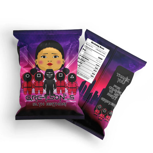 Squid Game chips bag labels with personalized designs for parties