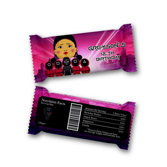 Squid Game Rice Krispies treats and candy bar labels with personalized designs