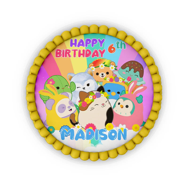 Squishmallows edible icing cake image, round, on white background.