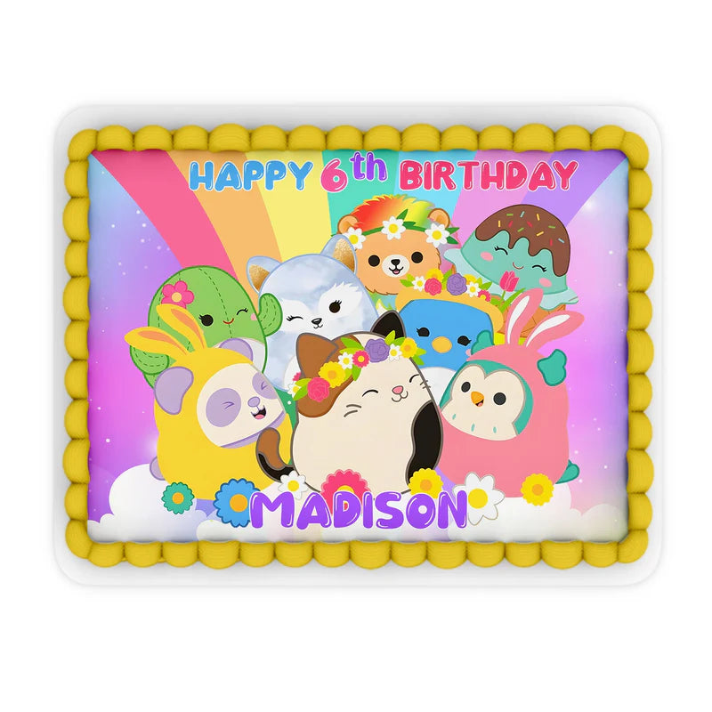 Squishmallows edible sheet cake image, rectangular, vibrant colors.