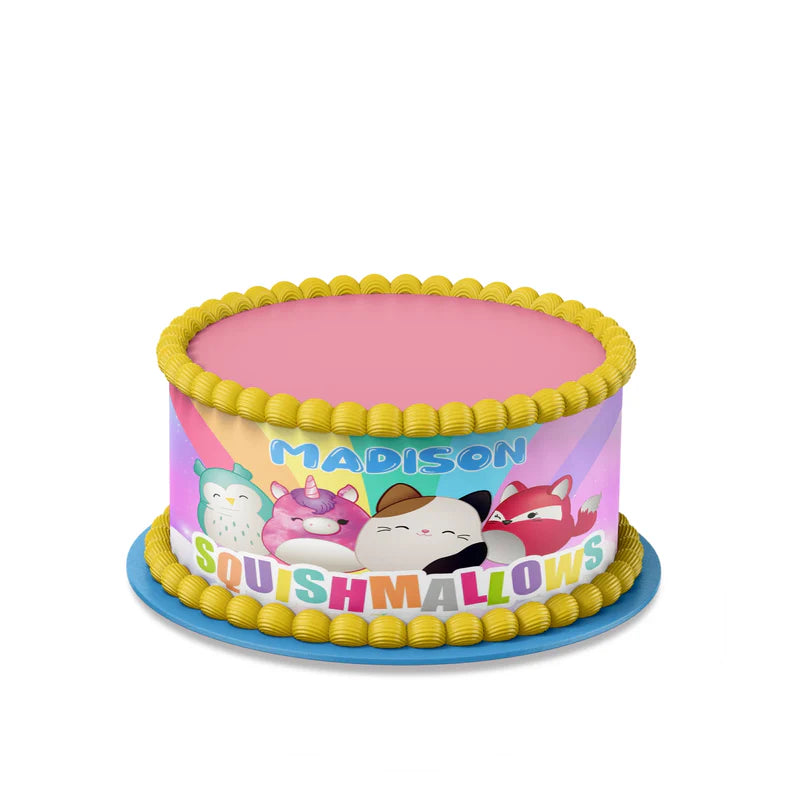 Squishmallows edible cake strips, personalized, vibrant character print.