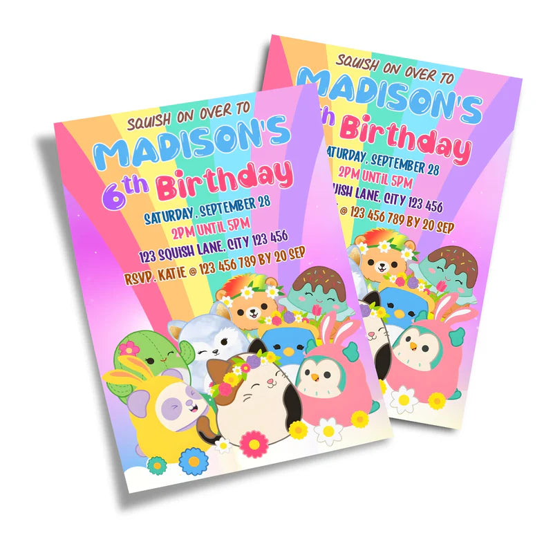 Squishmallows personalized birthday card invitation, front view.