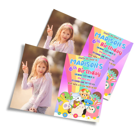 Squishmallows personalized photo card invitation, child's photo.