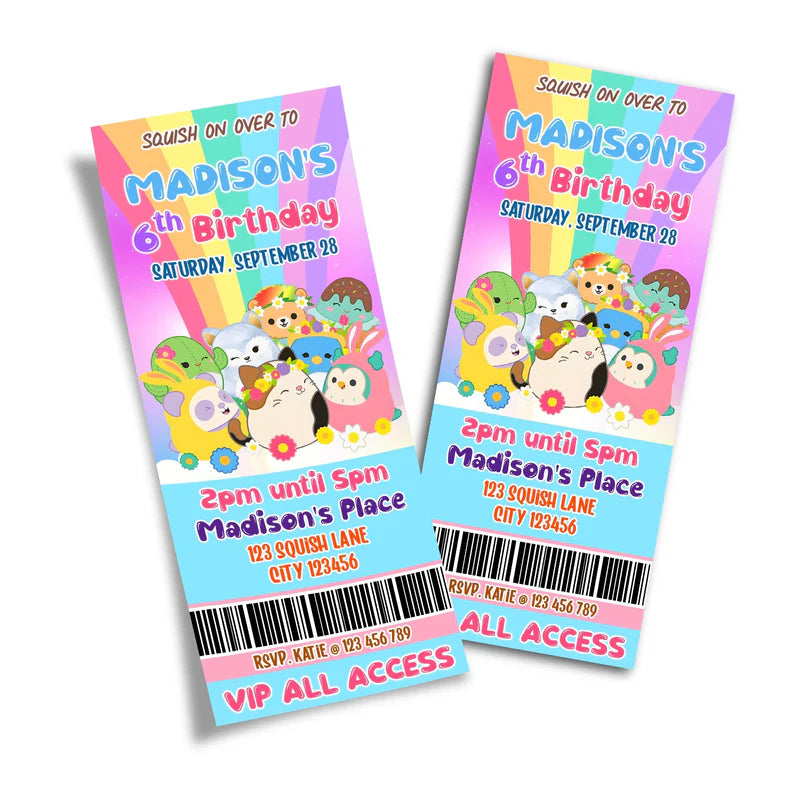 Squishmallows personalized birthday ticket invitation, event style.