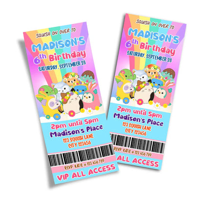 Squishmallows personalized birthday ticket invitation, event style.