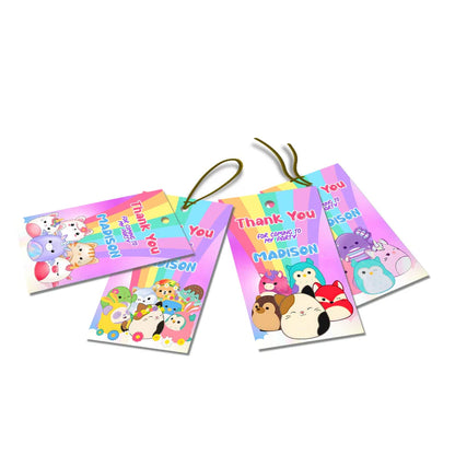 Squishmallows thank you tags, colorful character design.