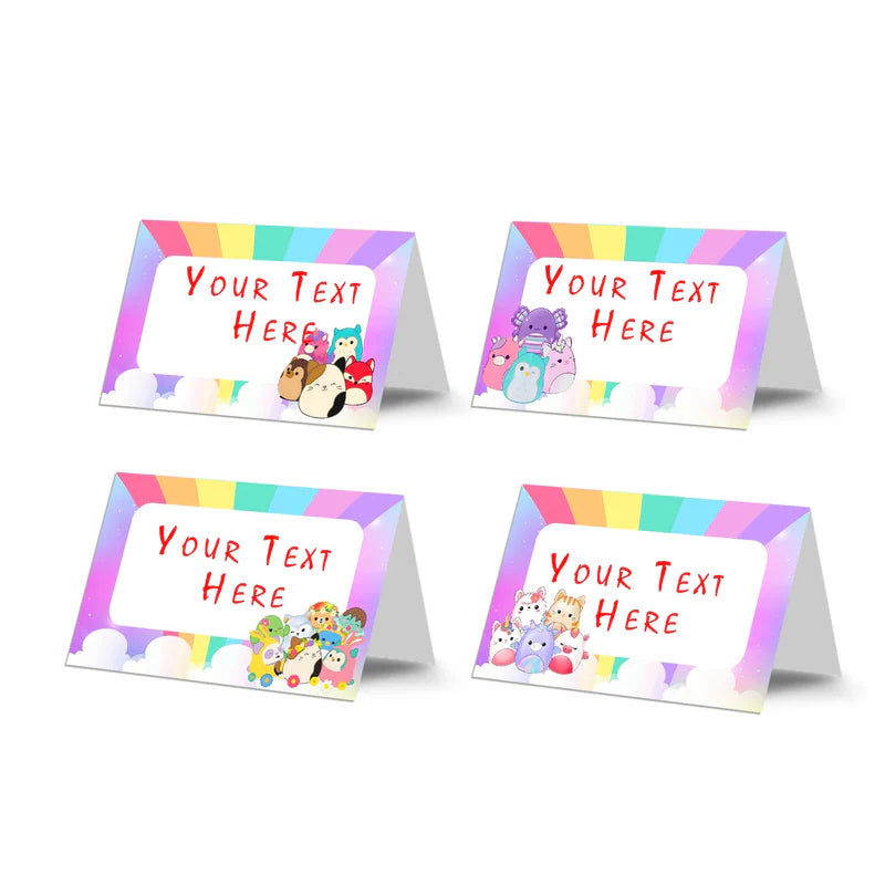 Squishmallows food cards, folded tent style, food labels.
