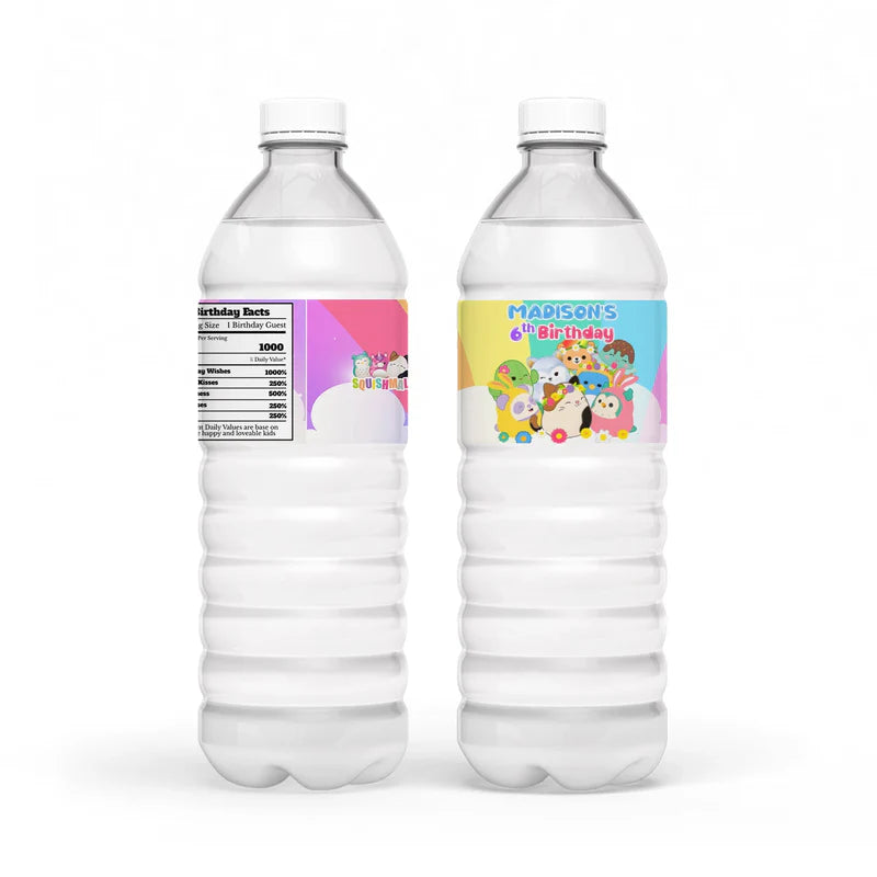 Squishmallows water bottle label, wrapped around bottle.