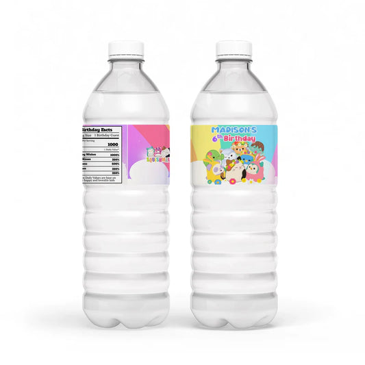 Squishmallows water bottle label, wrapped around bottle.