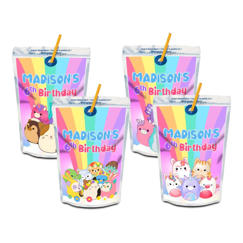 Squishmallows juice pouch label, applied to drink pouch.