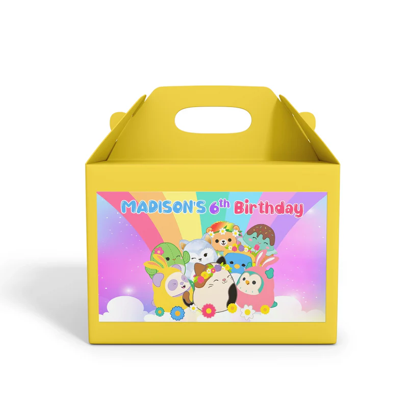 Squishmallows treat box label, colorful character design.