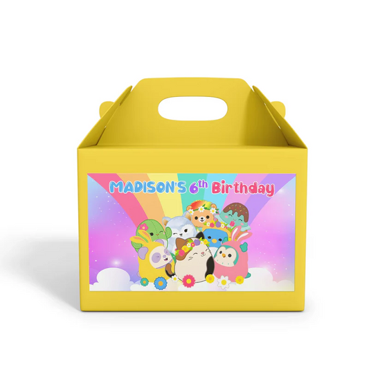 Squishmallows treat box label, colorful character design.