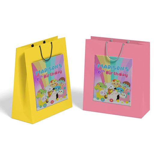 Squishmallows goodie bag label, rectangular, on white bag.