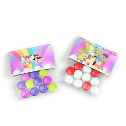 Squishmallows treat bag topper label, folded over bag.